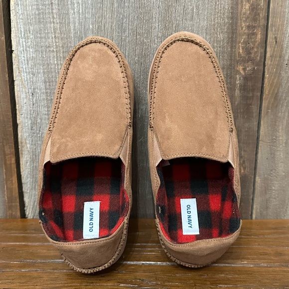 Old Navy Faux Suede Moccasin Slipper Tan Size Large 10-11 Men’s Buffalo Check - Picture 8 of 13